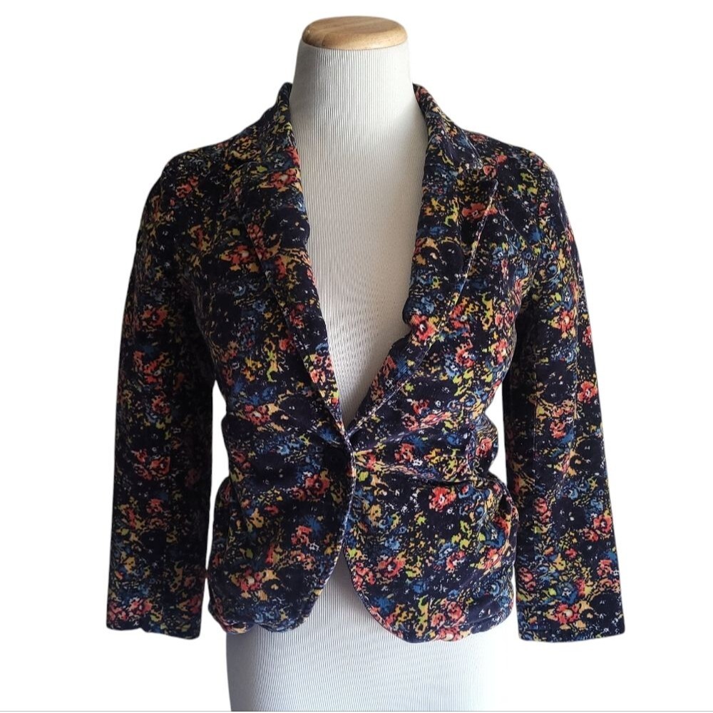 Anthropologie Blue Floral Corduroy Blazer Peplum By Cartonnie Women's 4